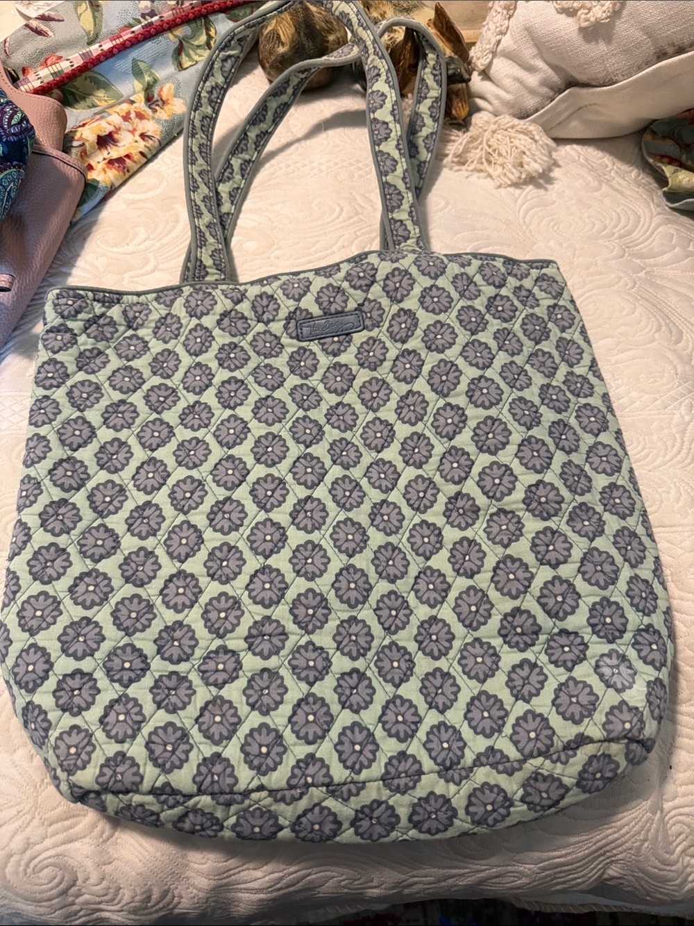 Vera Bradley Mint Quilted Tote with Gray Floral Motif